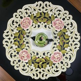 饰欧式 国潮手工刺绣布艺牡丹装 田园简约创意小圆桌布盘垫圆桌盖巾