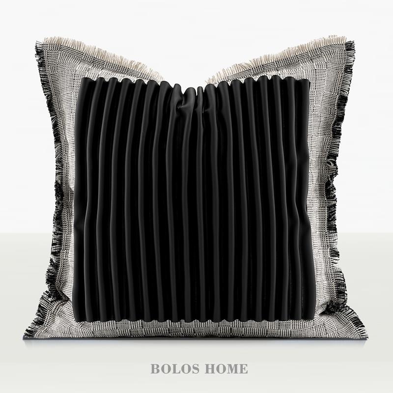 柏洛斯Tweed黑白法式粗毛呢编织高档褶皱皮黑色皮客厅沙发抱枕靠