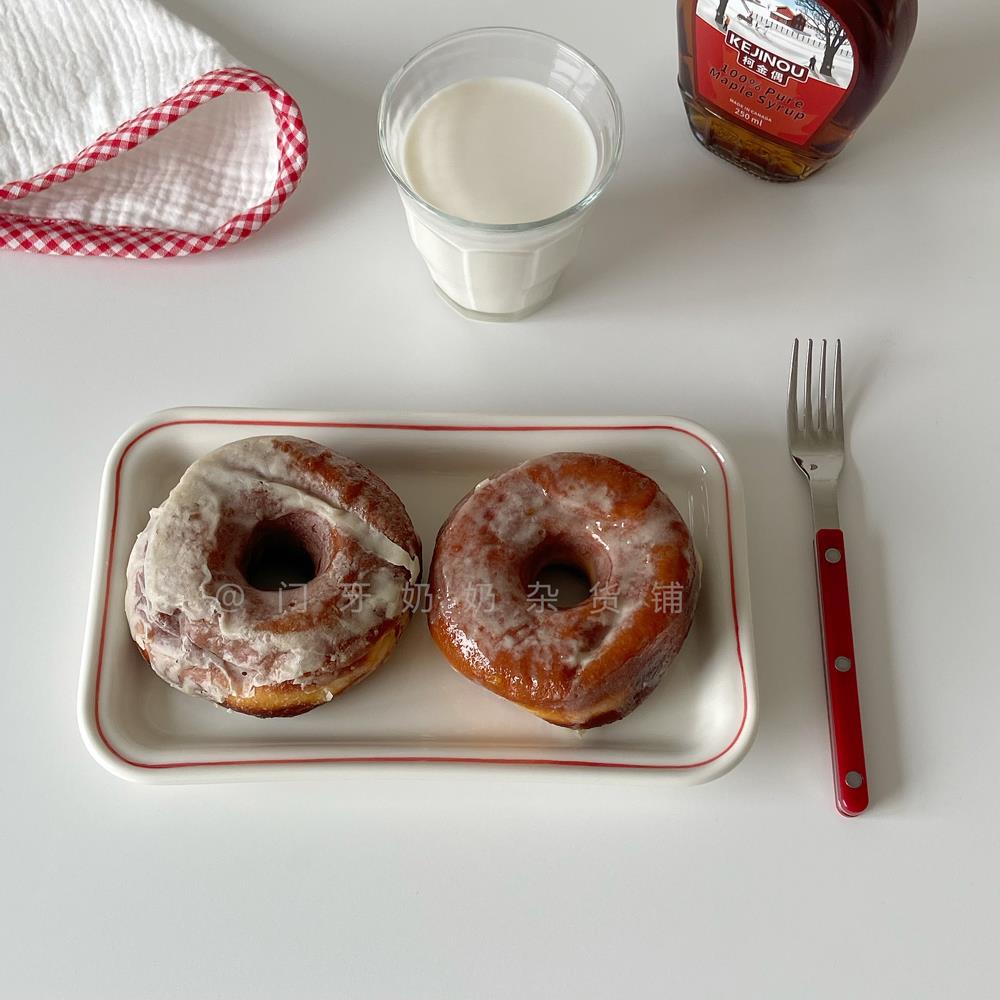 韩国ins方形红色蓝色线条陶瓷盘甜品碗盘子釉下彩