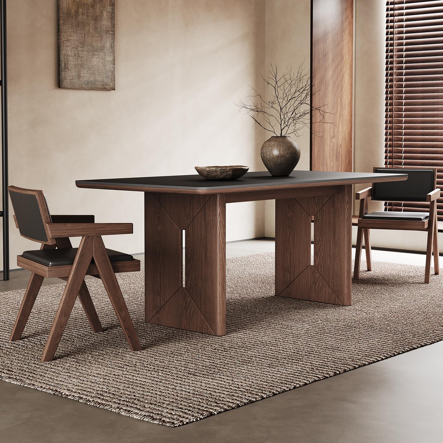 中古风实木餐桌现代简约小户型家用胡桃色长方形复古纯黑岩板餐桌