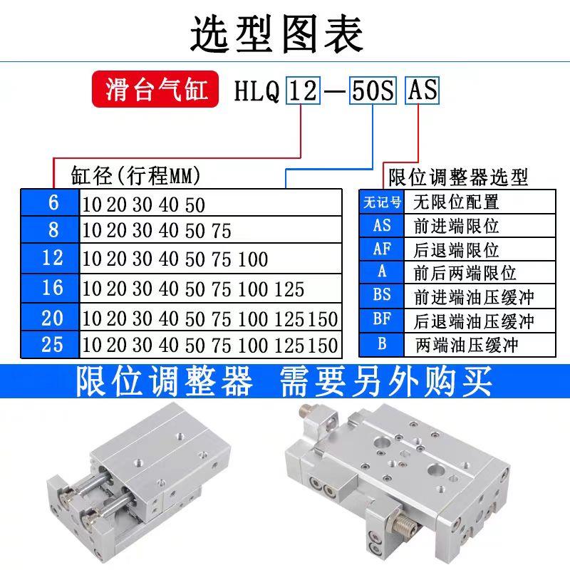 HLSL滑台气缸HLQ/HLS/HLQL6/8/12/16/20/25X10*30/40/50/75/100S