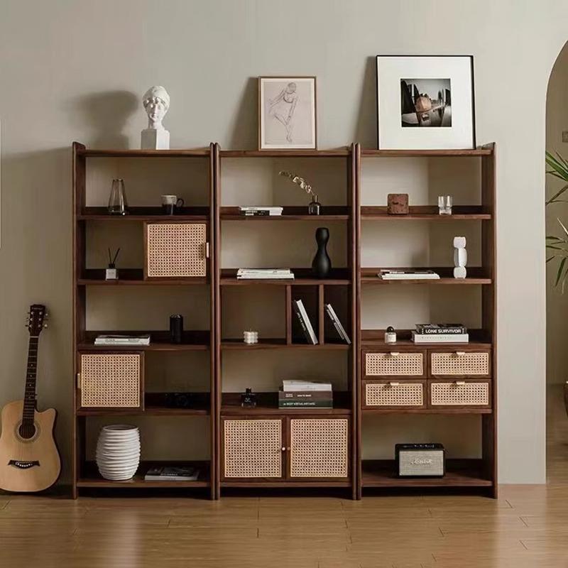 新中式黑胡桃木宋式美学藤编博古架书架落地摆件置物架家具书柜