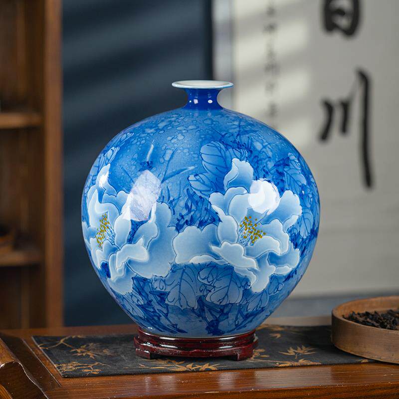景德镇陶瓷轻奢手绘花瓶石榴瓶家居客厅博古架酒柜中式装饰品摆件