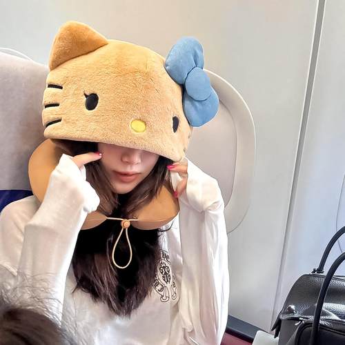 黑皮Kitty猫u型枕卡通可爱连帽护颈枕旅行便携飞机颈椎枕睡觉便携