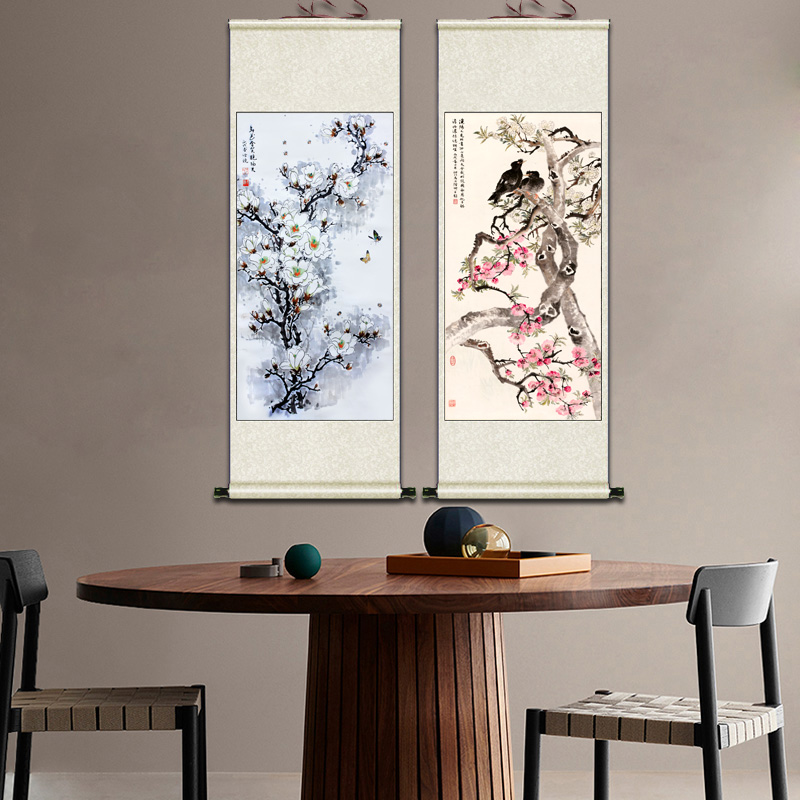 梨花蝴蝶飞燕锦鸡花鸟画卧室客厅装饰画丝绸O卷轴画书房国画风水图片