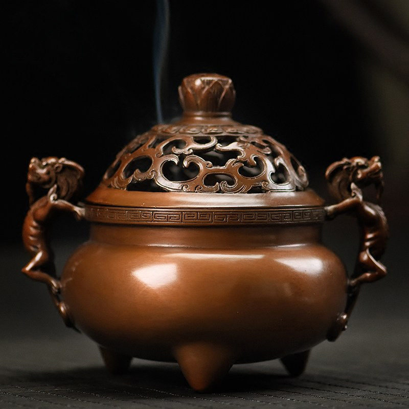艺品江山 纯铜螭龙耳莲花钮熏炉 紫铜香道用品盘香线香塔香炉摆件