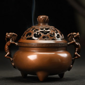 艺品江山 纯铜螭龙耳莲花钮熏炉 紫铜香道用品盘香线香塔香炉摆件