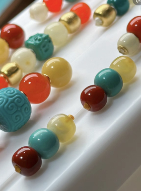 绿松石汉堡珠高瓷蓝汉堡散珠隔珠18k金配饰可镶嵌文玩佛珠顶珠