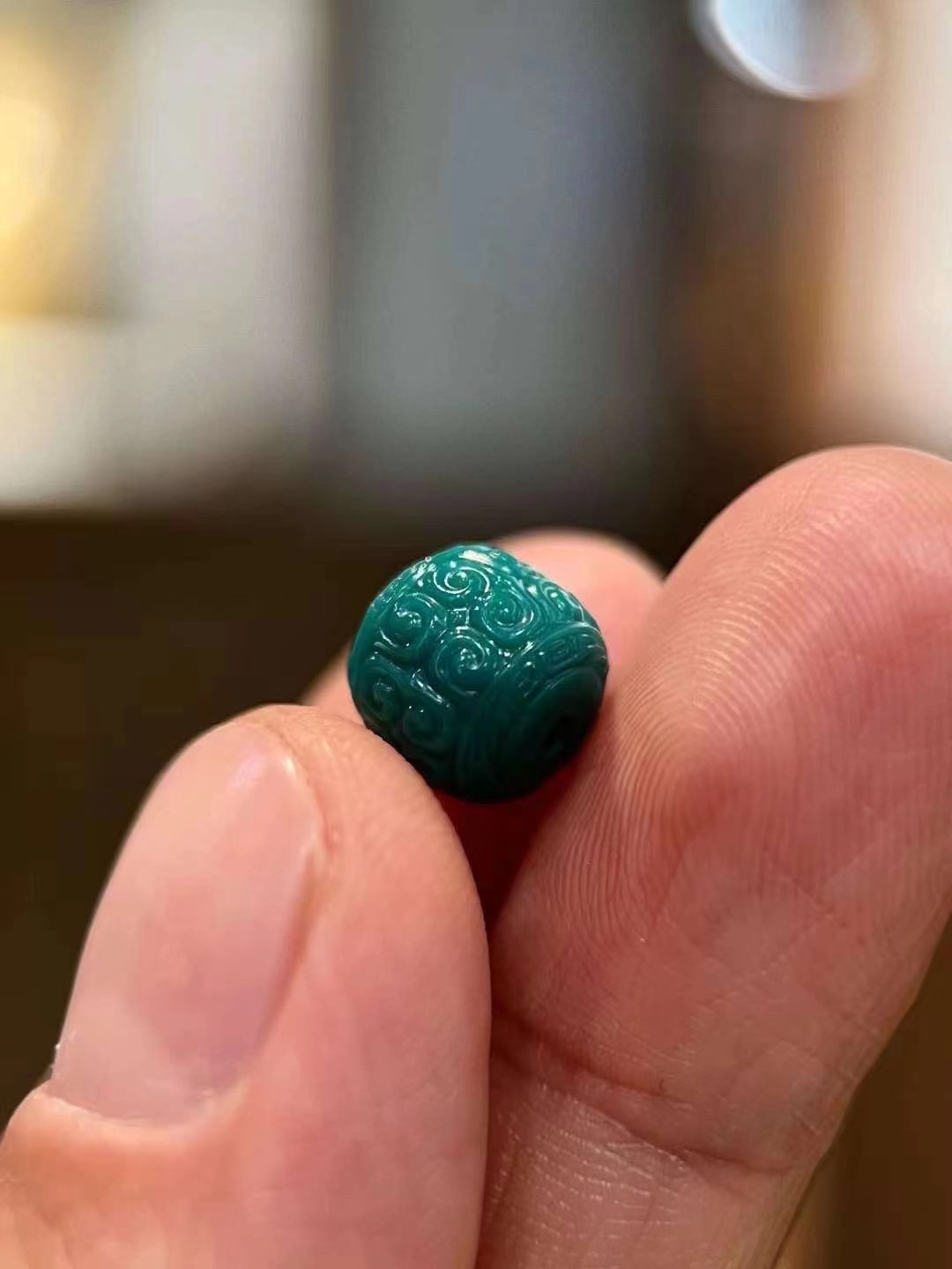 精品老油绿松石回纹雕刻老型珠纯手工雕刻配饰锁骨链珠子