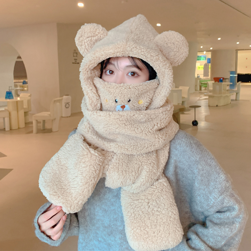 可爱小熊帽子围巾口罩一体四件套