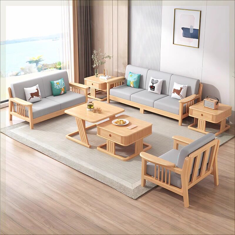 北欧实木沙发组合现代简约家用小户型客厅布艺贵妃转角原木风沙发