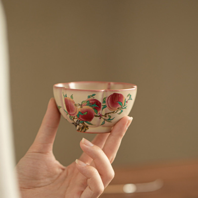 仿宋汝窑粉彩国风九桃茶杯主人杯花杯陶瓷茶具精致下午茶品茗杯,餐饮具,茶杯,淘宝优惠券,粉丝福利购,淘宝优惠卷