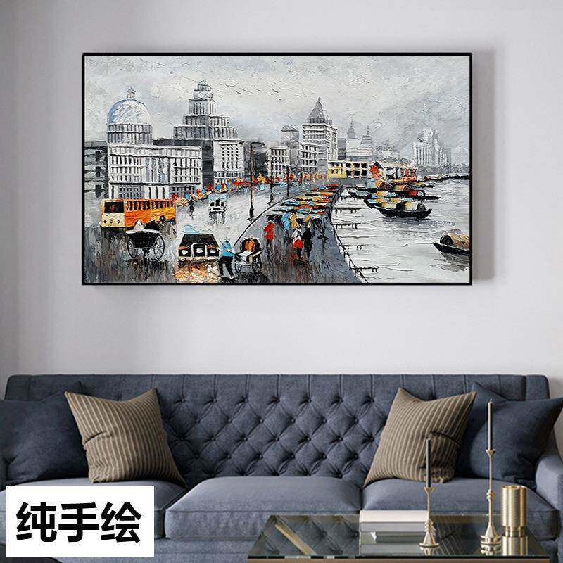 手绘油画城市建筑抽象黑白灰装饰画客厅玄关轻奢背景挂画餐厅壁画