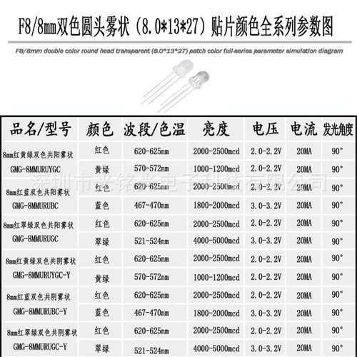 现货供应 F8/8mm红黄绿双色共阴 雾状LED发光二极管 双色雾状灯珠