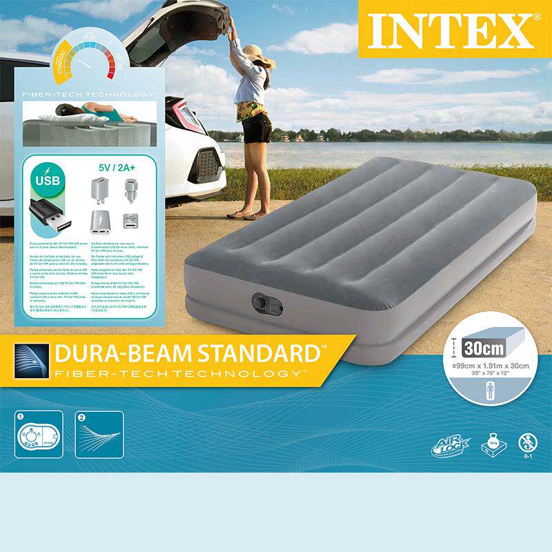 INTEX64112/64114灰色单人/双人空气床植绒户外露营充气床现货