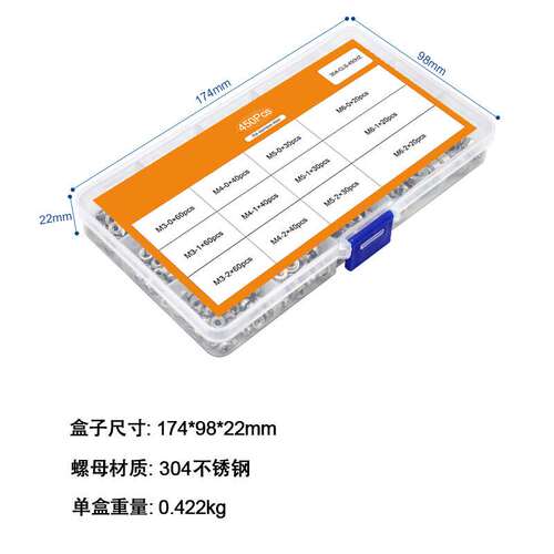 450pcs压铆螺母304不锈钢盒装螺母压板螺母锁紧压花螺母螺帽套装