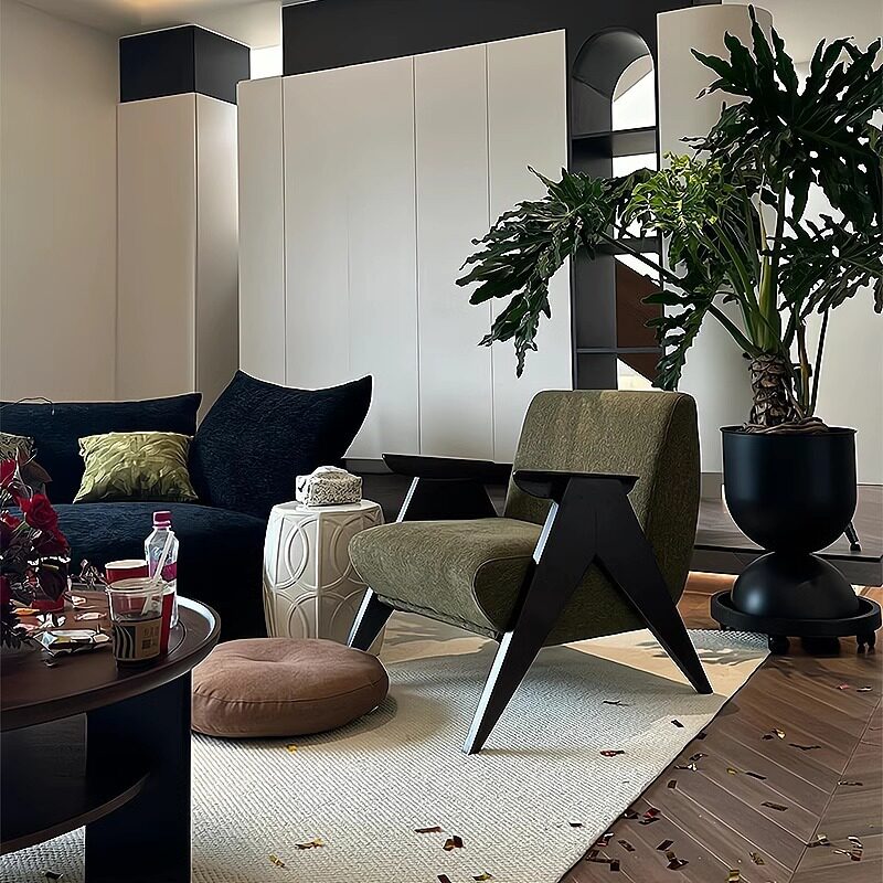 2026复古风民宿单人沙发家用客厅阳台懒人实木沙发椅设计师中古休