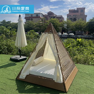 小舟户外休闲躺床别墅游泳池室外防水防晒庭院花园实木三角床家具