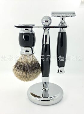 现货獾毛泡沫胡刷老式手动剃须刮胡刀金属支架黑色套装欧洲热销