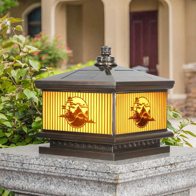 迎客松全铜太阳能柱头灯室外防水庭院柱子灯别墅围墙灯接电柱灯