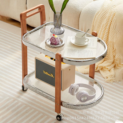实木钢化玻璃餐车中古风家用复古网红创意可移动茶几边几小推车