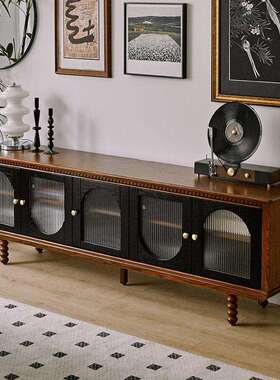 法式复古全实木电视柜黑色美式风小户型客厅视听柜中古风轻奢地柜
