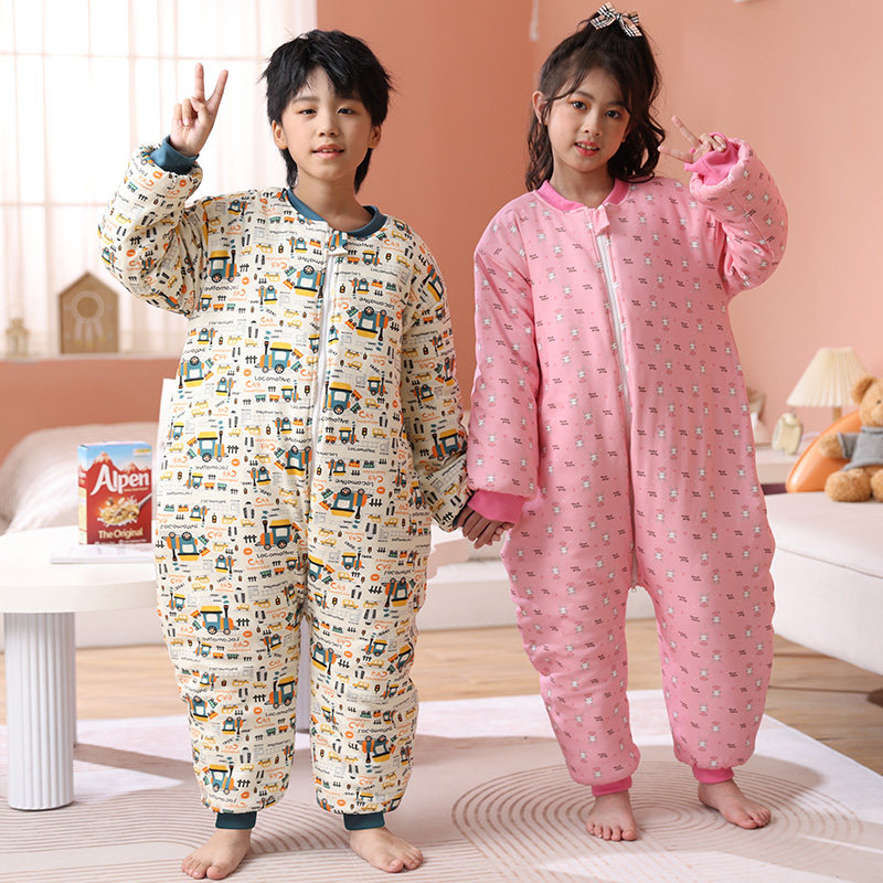 冬季男女童纯棉睡袋加绒加厚防着凉儿童连体睡衣保暖中大童家居服