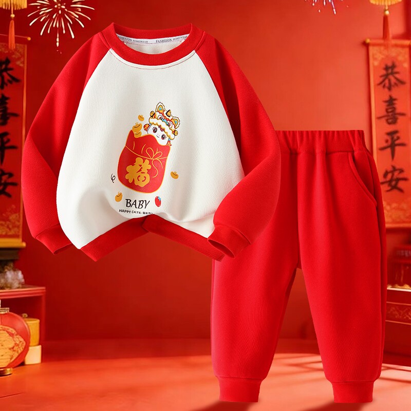 马新年男女宝宝卫衣套装加绒加厚
