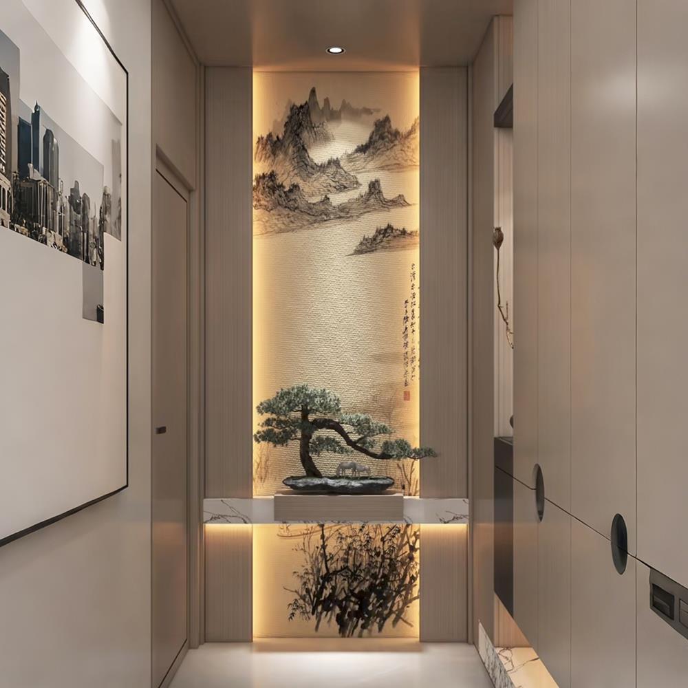 新中式玄关装饰山水画墙纸入户正对门壁画玄关墙布电视背景墙壁纸