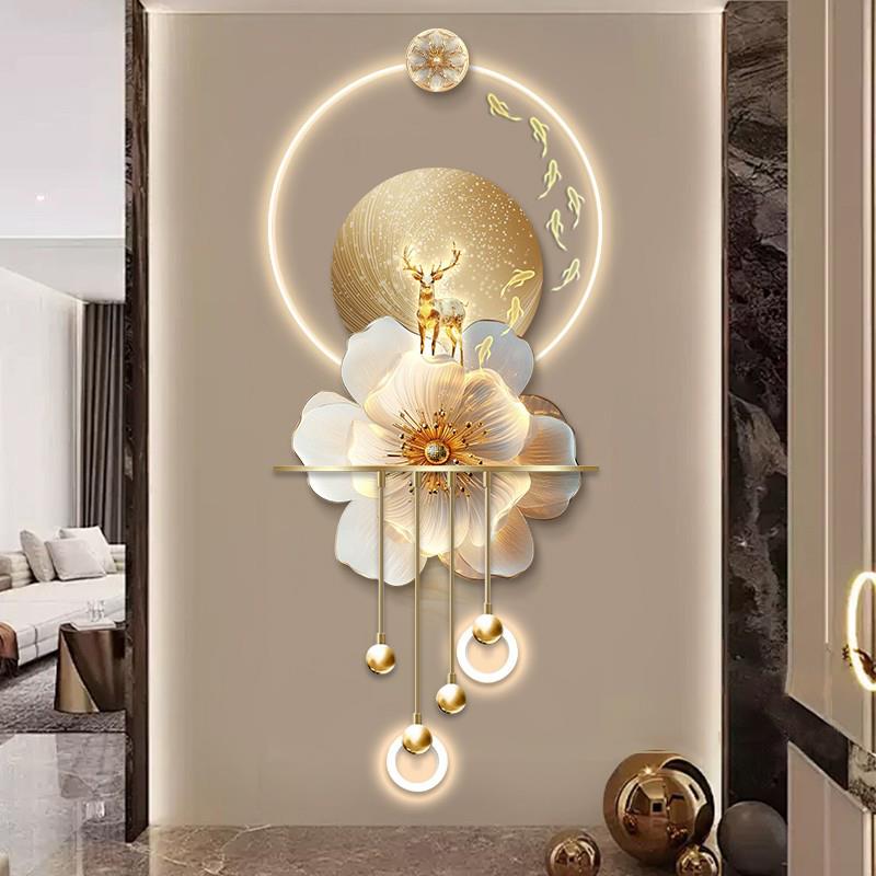 2025新款轻奢玄关装饰画高级感立体壁灯入户走廊过道挂画九鱼图花图片
