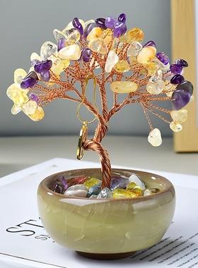 天然水晶钱树饰品砾石玛瑙财富聚宝盆家庭客厅办公室桌面装饰