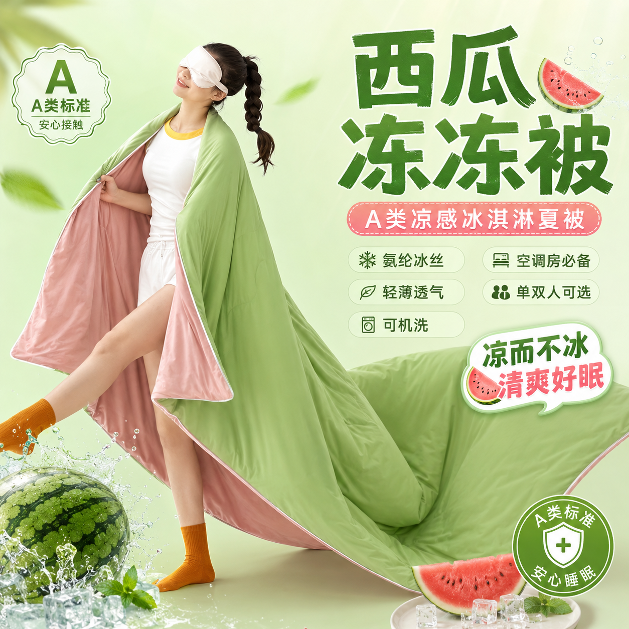 西瓜冻冻被~A类凉感冰淇淋夏被空调被氨纶冰丝夏凉被单双人薄被子