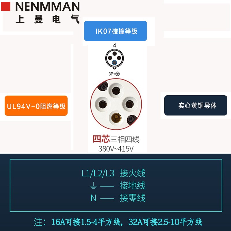 上曼电气航空插座TYP:105明装三相400V防水母头欧标16TA 4孔 IP44