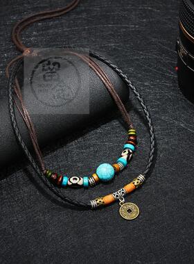 ~ Turquoise personality retro Coin Pendant Necklace simple m