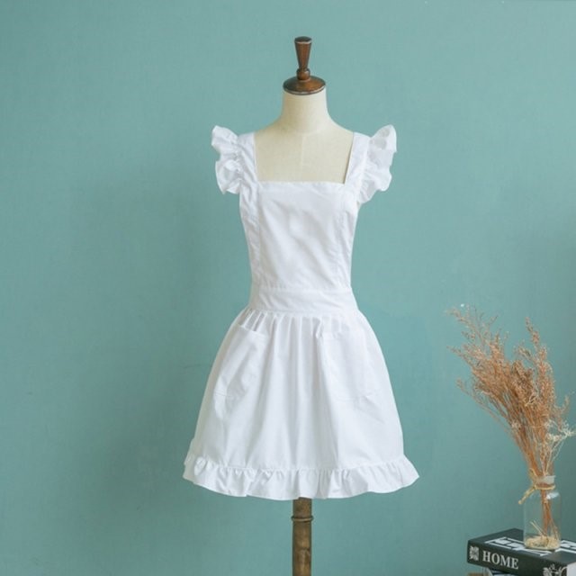 极速Womens Girls Ruffles Outline Retro White Apron justable