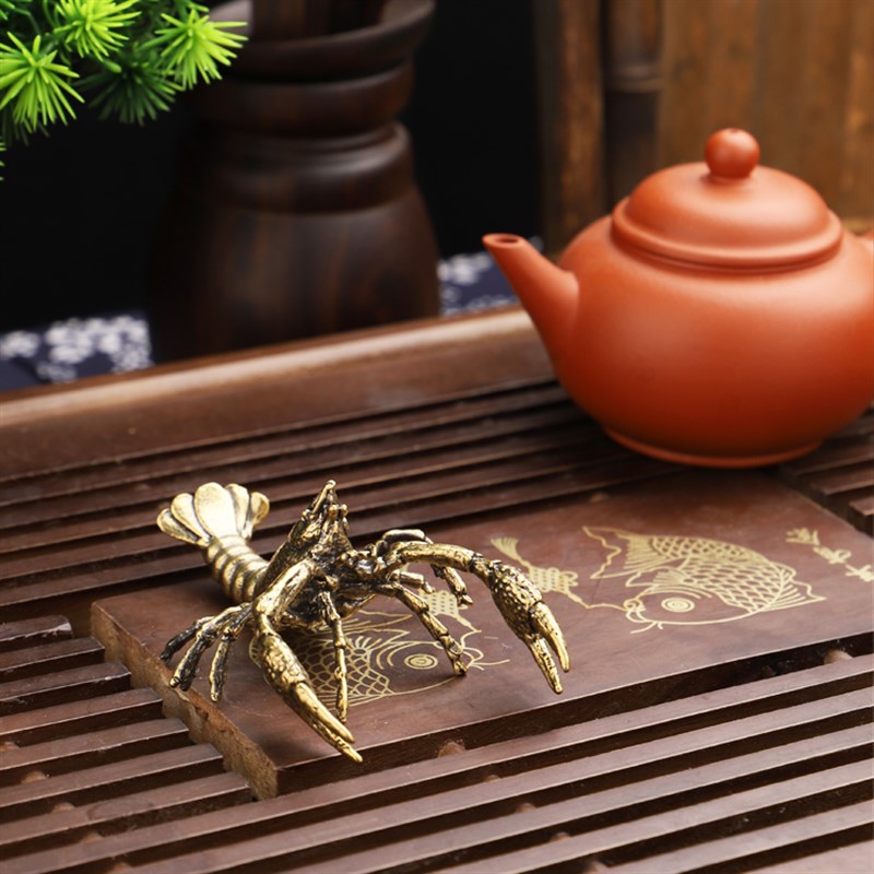 纯铜龙虾小摆件实心铜铸茶宠铜艺仿古包浆文玩收藏老铜雕件工艺品