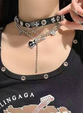 【羊悠悠】choker嘻哈亚比风吉他流苏叠戴黑色新潮项圈项链颈链女
