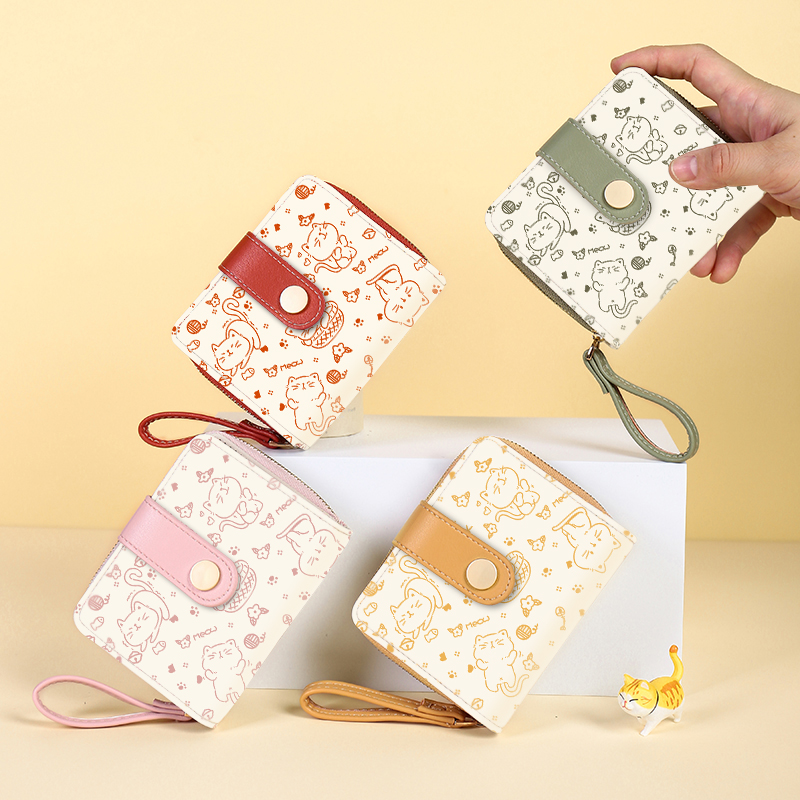 新款日式可爱卡通猫短款钱包女士简约拉链零钱卡包学生皮夹钱夹包