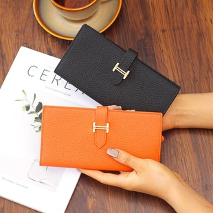 2025新款女士钱包卡包一体长款多功能手拿包大容量H扣抽带两折叠