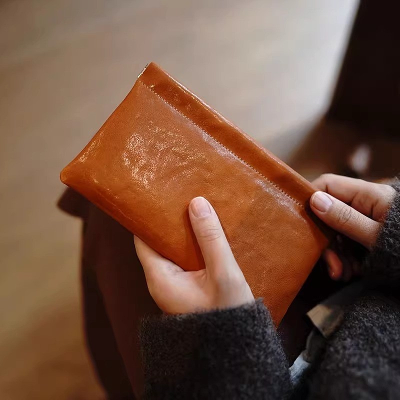 女款植糅简约手拿包复古夹口多功能迷你大容量零钱耳机文玩收纳包