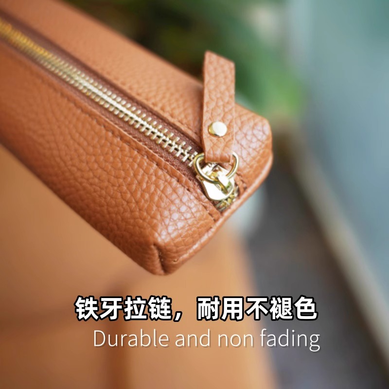 原创纯色皮质简约笔袋便携小众女生大容量铅笔盒商务文具袋钢笔包