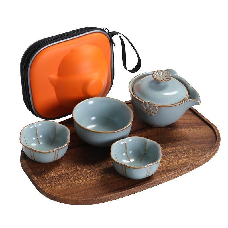旅行茶具套装户外露营便携茶具汝窑快客杯一壶三杯收纳包商务礼品