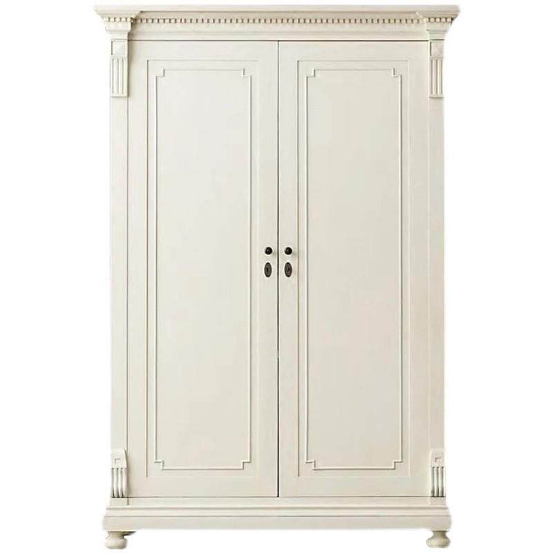美式乡村实木衣柜双开门仿古复古白色做旧橡木对开门双门衣橱卧室