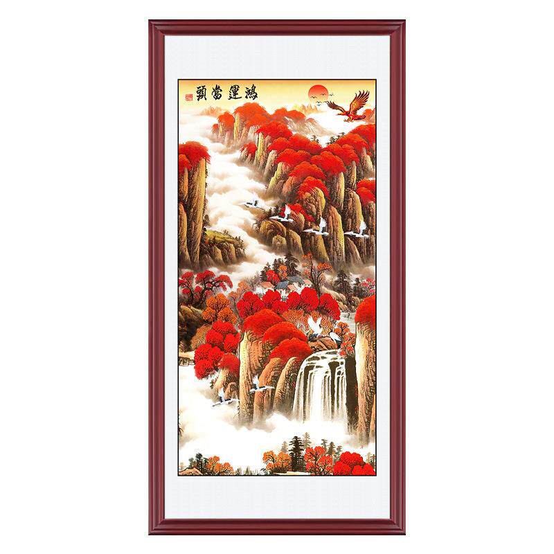 鸿运当头山水画客厅挂画入门走廊过道中式玄关装饰画竖版招财国画