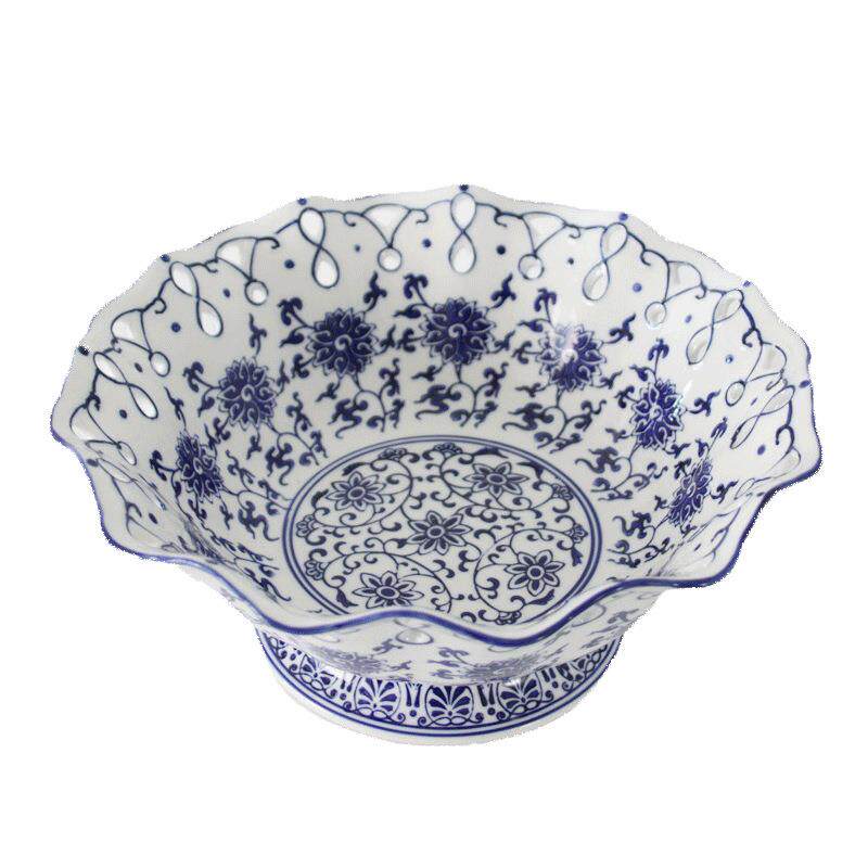 青花瓷陶瓷水果盘高足点心盘蛋糕甜品台托盘糕点客厅糖果托盘子