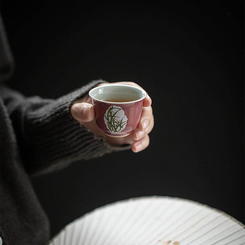 胭脂紫品茗杯小号开窗兰花喝茶单杯品茶杯功夫茶具小杯子