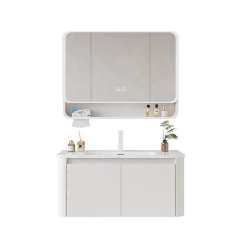 圆角镜柜带美妆架抽纸孔浴室柜组合太空铝洗漱台洗手池陶瓷一体盆