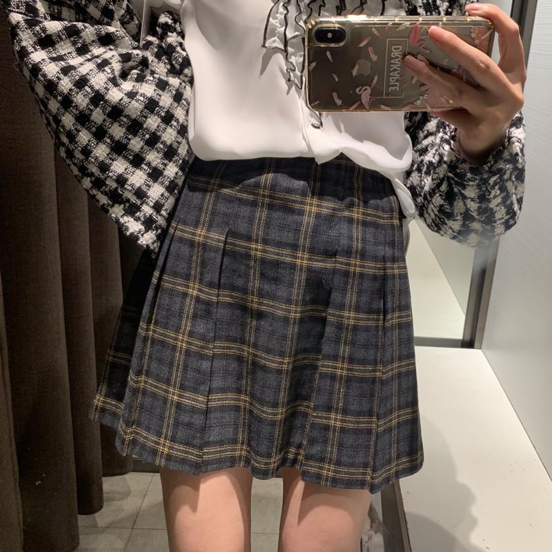 春秋ins高腰格子小海鸥a字裙复古
