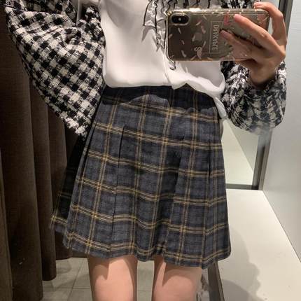 Hollister小海鸥春夏季复古高腰格子裤短裙a字裙松紧半身裙女装潮