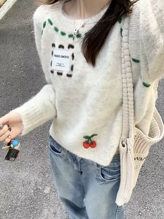 Hollister刺绣樱桃圆领毛衣小海鸥女装慵懒风软糯针织衫长袖上衣